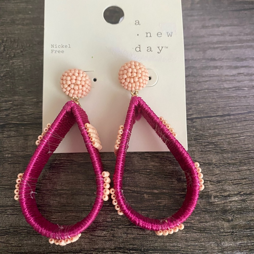 Large Pink Drop Woven Earrings.